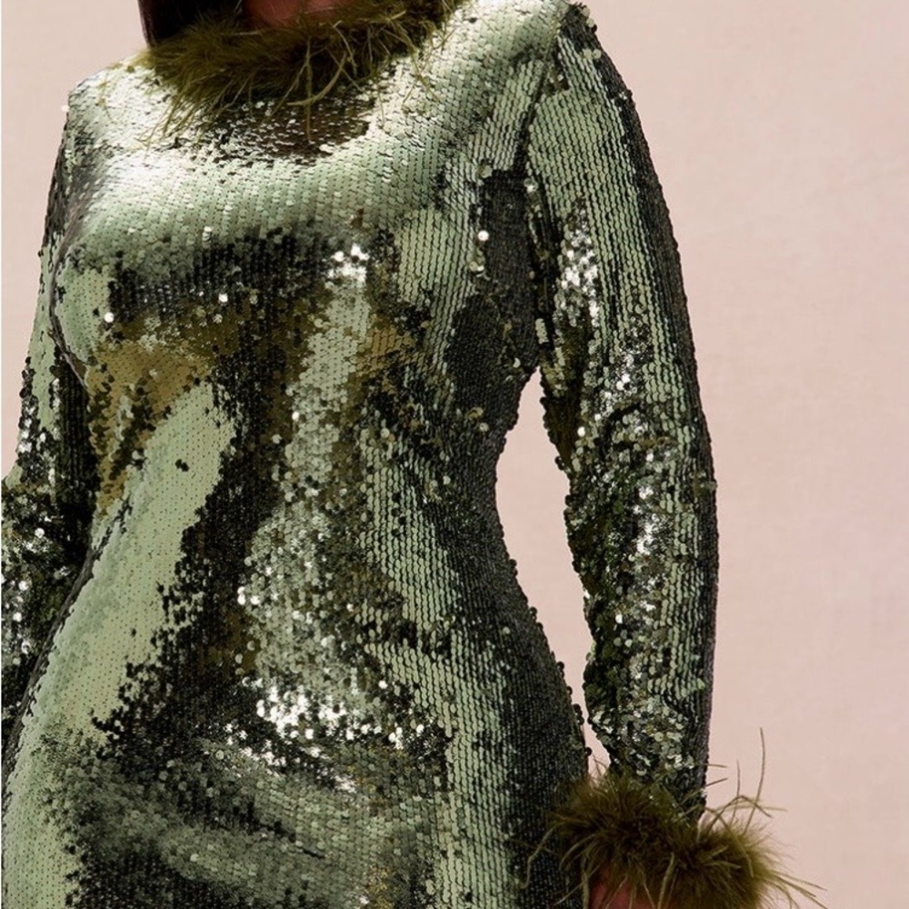 Fashion Nova feathered sequins maxi dress -Olive - Picture 2 of 7